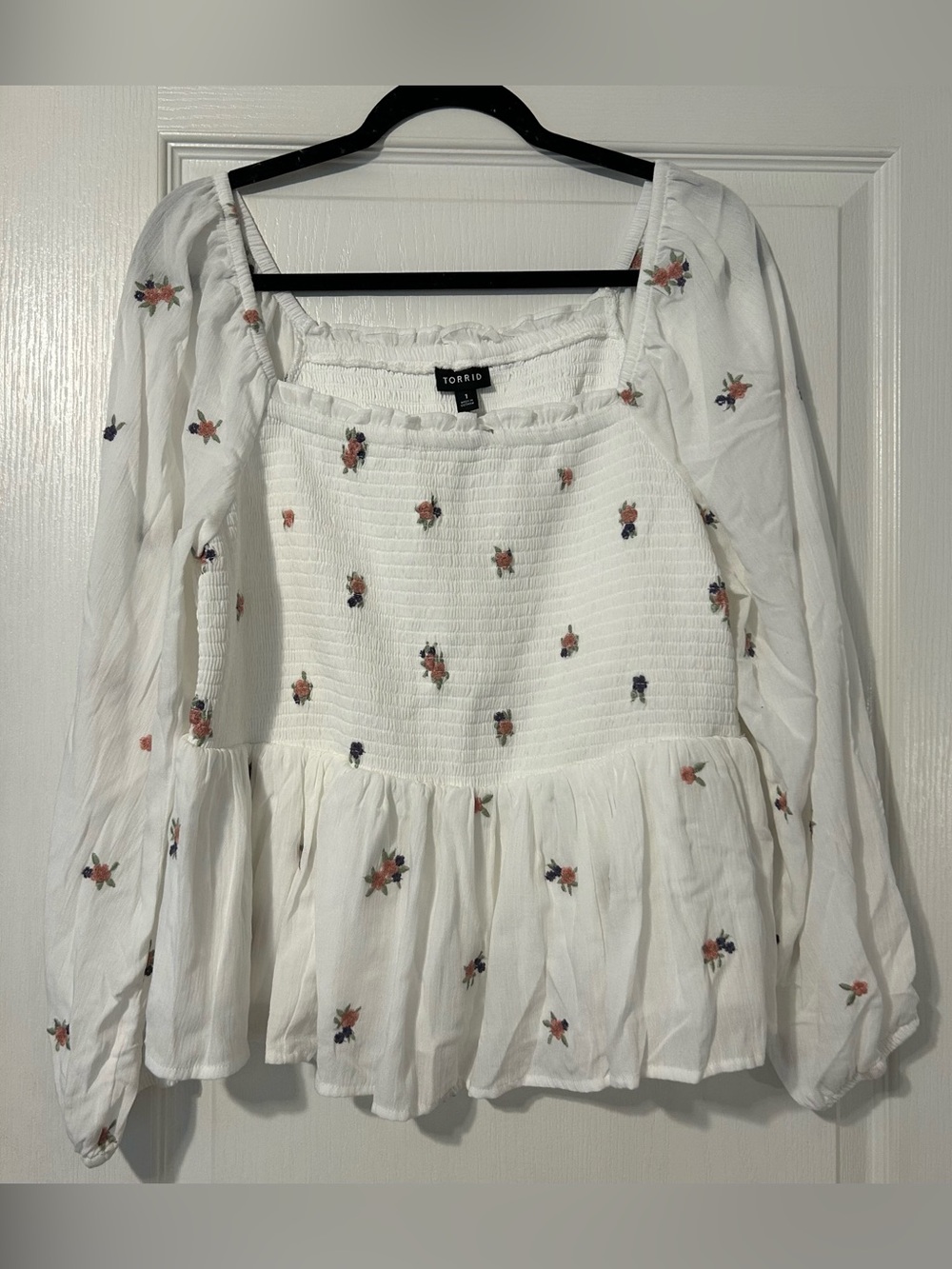 Torrid White Smocked Peasant Peplum Top with Floral Embroidery